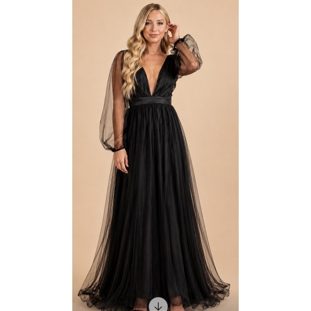 Whimsigoth Black Tulle Maxi Dress M Sheer Bishop Sleeve Plunge V Neck Dark Fairy
